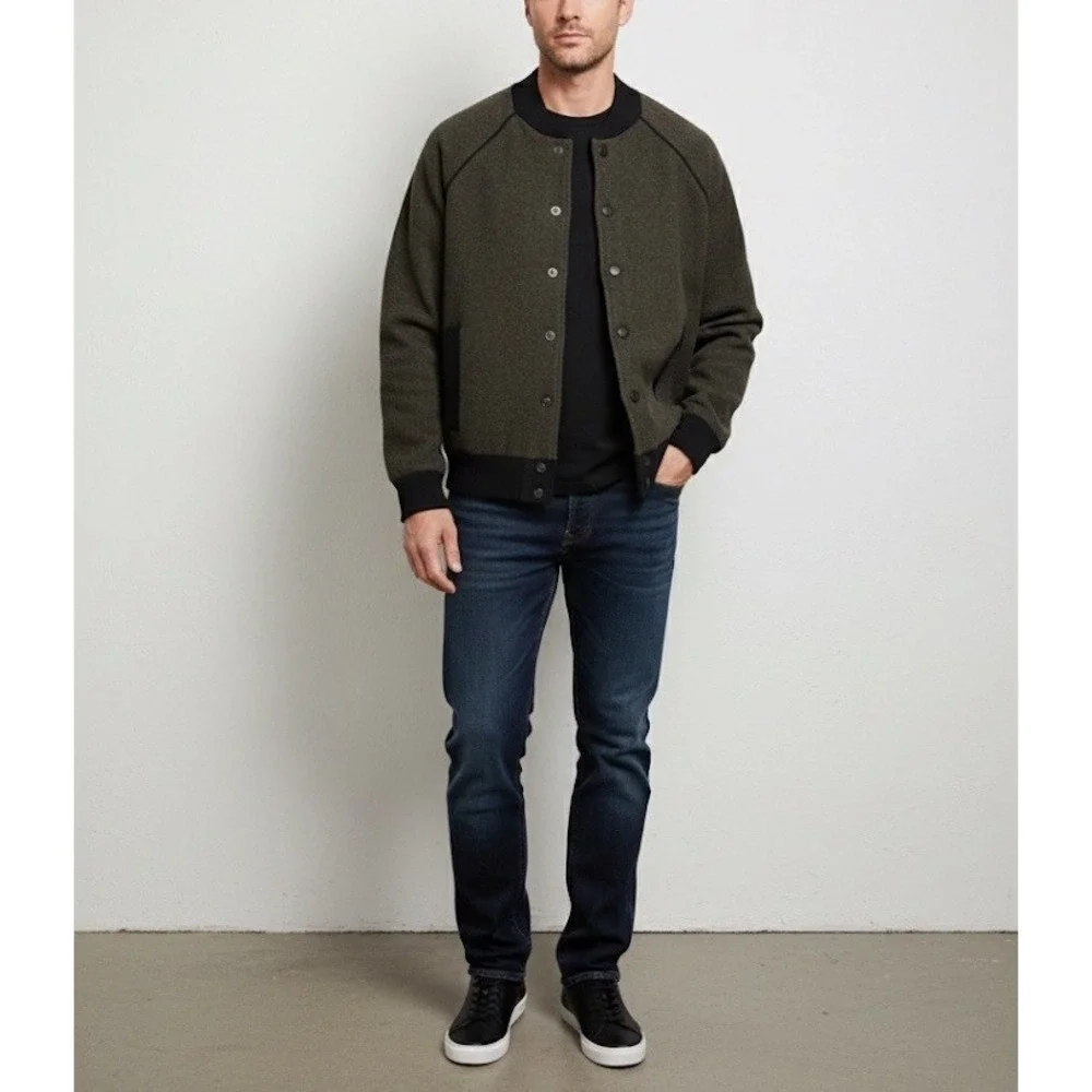 Banana Republic Mens XL Wool Birdseye Bomber Sweater Jacket Dark Gray Buttons